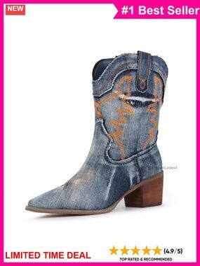 Women's Western Cowboy Ankle Boots Embroidered Slip-On Chunky Heel Booties
